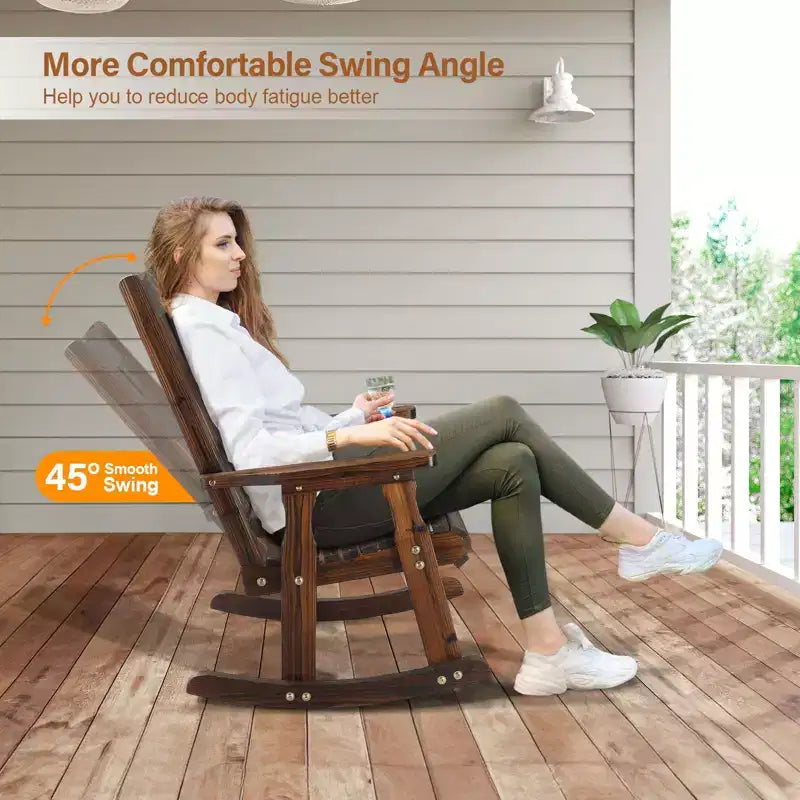 Karl Home | Fauteuil à bascule extérieur en bois massif à lattes de 71 cm avec coussin
