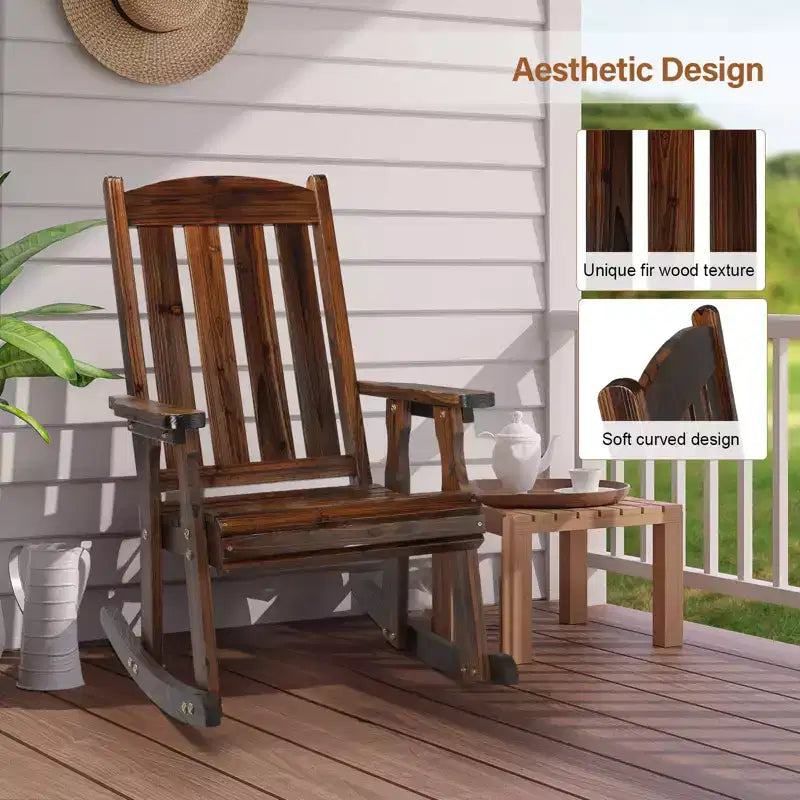 Karl Home | Fauteuil à bascule extérieur en bois massif à lattes de 71 cm avec coussin