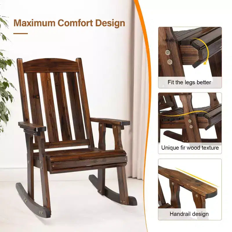 Karl Home | Fauteuil à bascule extérieur en bois massif à lattes de 71 cm avec coussin