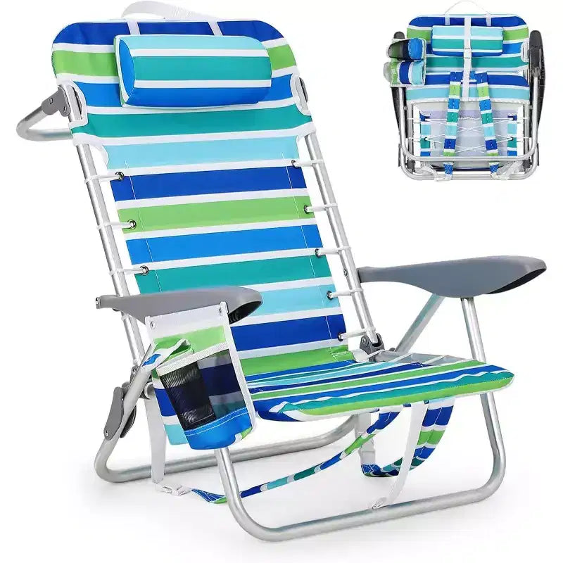 Acekool Backpack Beach Chair, 5 Position Lay Flat Folding Chair with Straps, Cup Holder & Towel Bar, Portable for Adults, 1 Pack