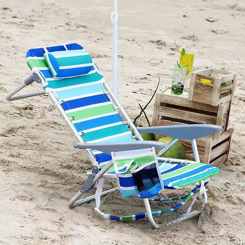 Chaise de plage Acekool Backpack, chaise pliante inclinable 5 positions avec sangles, porte-gobelet et barre porte-serviette, portable pour adultes, 1 pièce