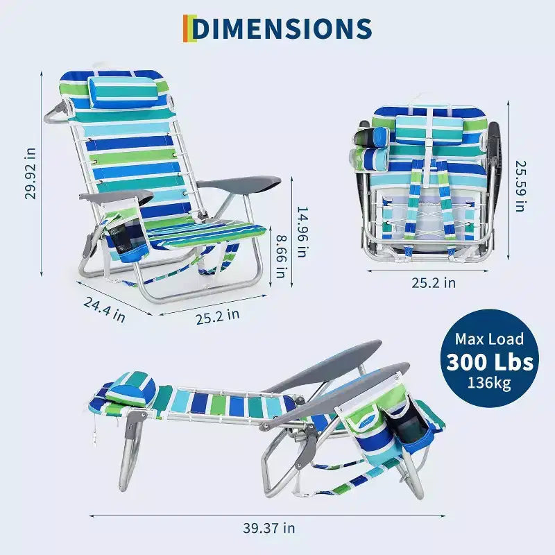 Chaise de plage Acekool Backpack, chaise pliante inclinable 5 positions avec sangles, porte-gobelet et barre porte-serviette, portable pour adultes, 1 pièce