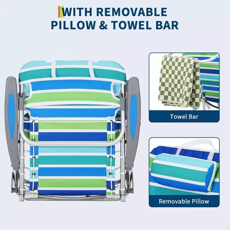 Chaise de plage Acekool Backpack, chaise pliante inclinable 5 positions avec sangles, porte-gobelet et barre porte-serviette, portable pour adultes, 1 pièce
