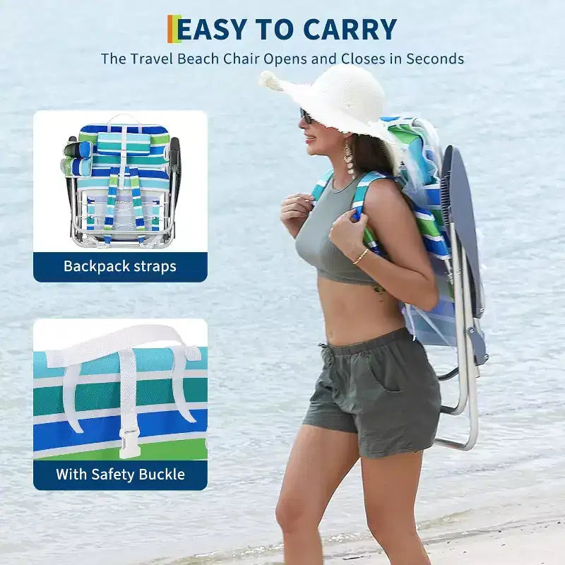 Chaise de plage Acekool Backpack, chaise pliante inclinable 5 positions avec sangles, porte-gobelet et barre porte-serviette, portable pour adultes, 1 pièce