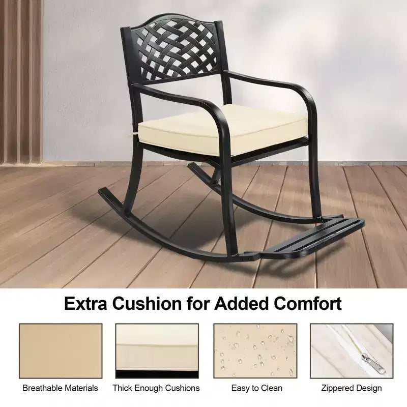 Karl Home | Fauteuil à bascule en fer noir avec dossier en maille et coussin blanc cassé