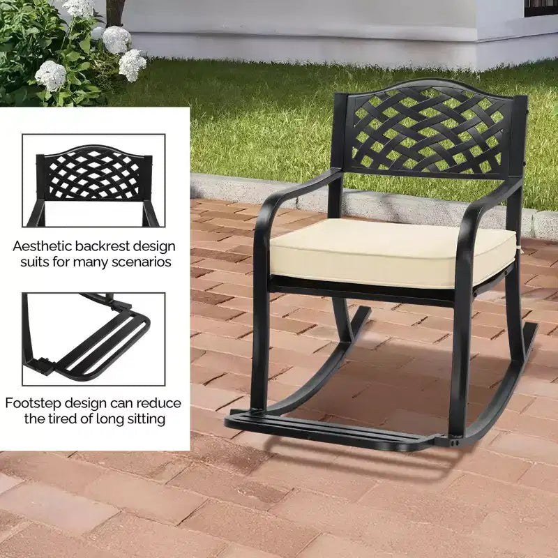 Karl Home | Fauteuil à bascule en fer noir avec dossier en maille et coussin blanc cassé