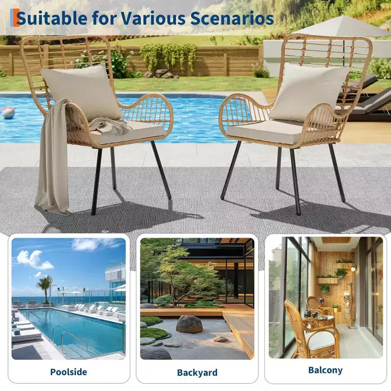 Ensemble de 2 chaises en osier pour patio - Chaises d'extérieur/d'intérieur en rotin bohème avec coussins épais et oreillers, capacité de charge de 150 kg, chaises en osier tout temps