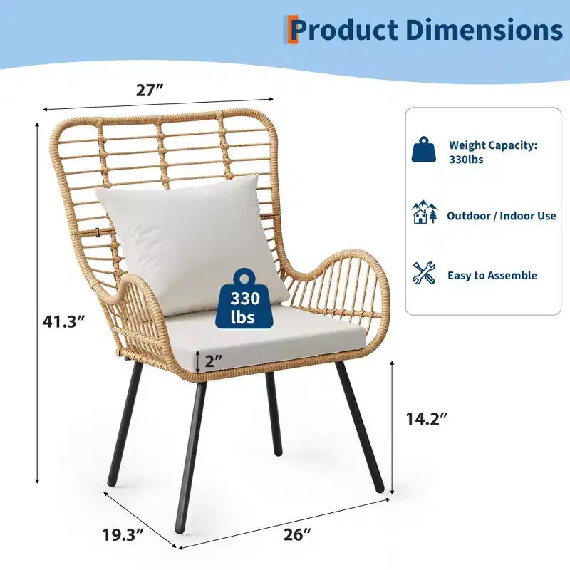 Ensemble de 2 chaises en osier pour patio - Chaises d'extérieur/d'intérieur en rotin bohème avec coussins épais et oreillers, capacité de charge de 150 kg, chaises en osier tout temps