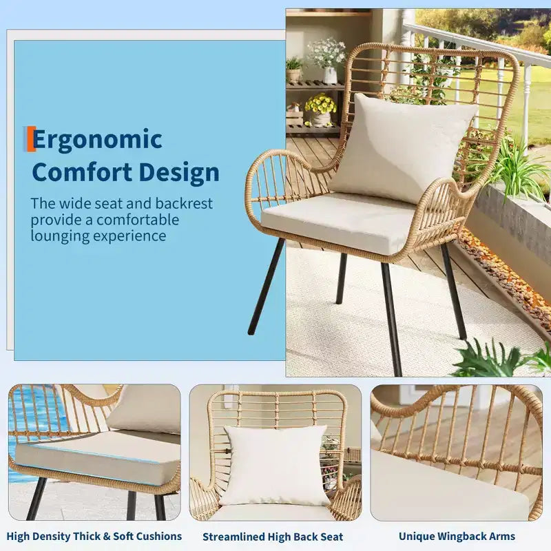 Ensemble de 2 chaises en osier pour patio - Chaises d'extérieur/d'intérieur en rotin bohème avec coussins épais et oreillers, capacité de charge de 150 kg, chaises en osier tout temps