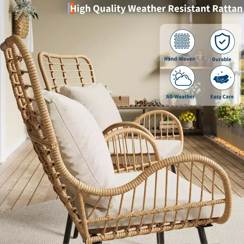Ensemble de 2 chaises en osier pour patio - Chaises d'extérieur/d'intérieur en rotin bohème avec coussins épais et oreillers, capacité de charge de 150 kg, chaises en osier tout temps