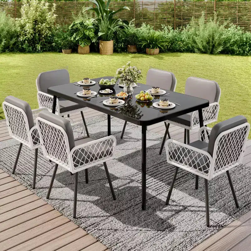 TROPOW Outdoor Dining Set, 150x90cm Black Metal Table with Tempered Glass Top & 6 Wicker Chairs, Patio Table and Chairs Set with Gray Cushions