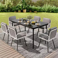 TROPOW Outdoor Dining Set, 150x90cm Black Metal Table with Tempered Glass Top & 6 Wicker Chairs, Patio Table and Chairs Set with Gray Cushions