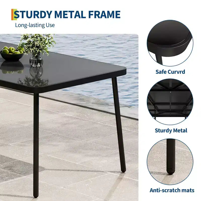 Ensemble de salle à manger d'extérieur TROPOW, table en métal noir 150x90cm avec plateau en verre trempé et 6 chaises en osier, ensemble table et chaises de patio avec coussins gris