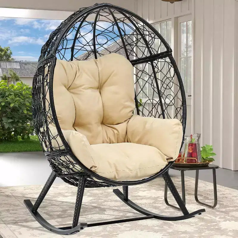 Fauteuil à bascule d'extérieur en osier en forme d'œuf avec coussins, capacité de 113 kg