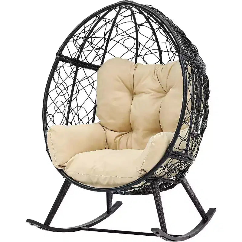 Fauteuil à bascule d'extérieur en osier en forme d'œuf avec coussins, capacité de 113 kg