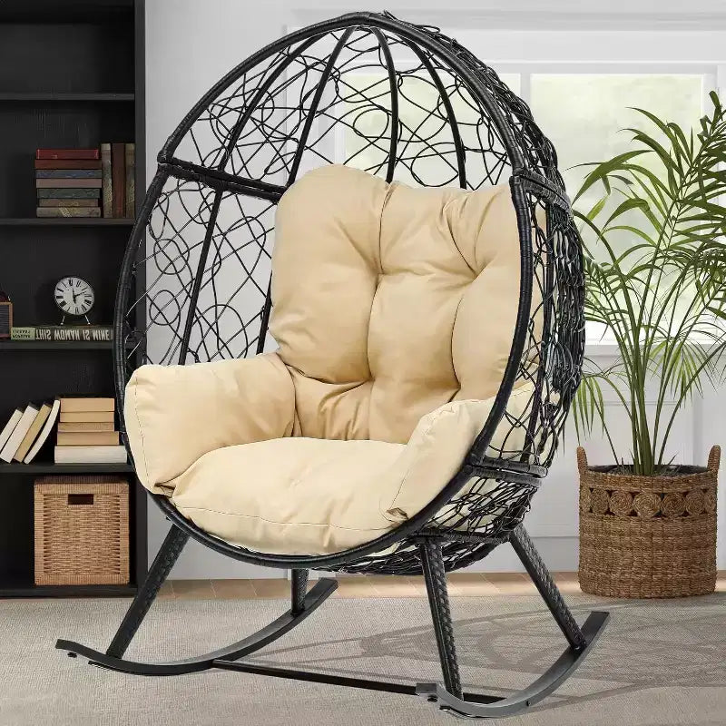 Fauteuil à bascule d'extérieur en osier en forme d'œuf avec coussins, capacité de 113 kg