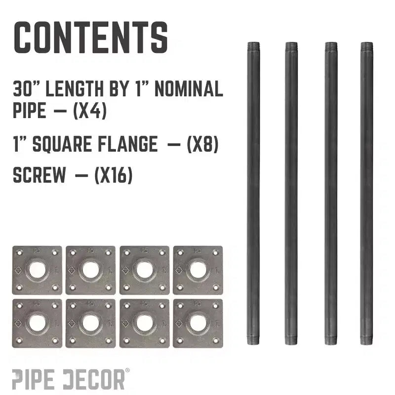 Pipe Decor Pieds de table à bride carrée 2,54 cm x 76,2 cm - Lot de 4