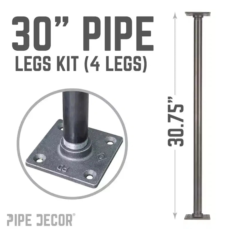 Pipe Decor Pieds de table à bride carrée 2,54 cm x 76,2 cm - Lot de 4