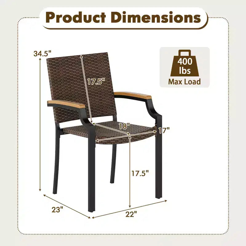 Costway Lot de 2 chaises empilables en osier avec accoudoirs en bois d'acacia et cadre en métal, extérieur