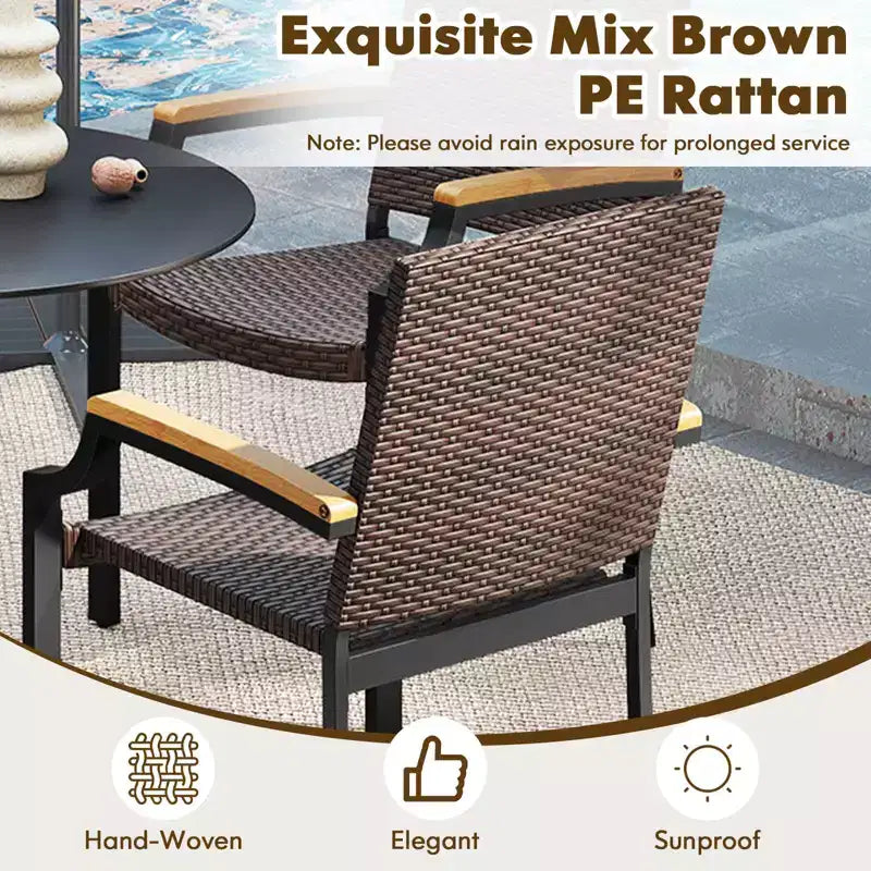 Costway Lot de 2 chaises empilables en osier avec accoudoirs en bois d'acacia et cadre en métal, extérieur