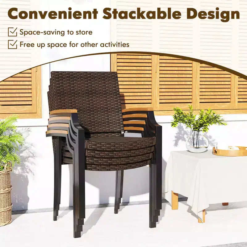 Costway Lot de 2 chaises empilables en osier avec accoudoirs en bois d'acacia et cadre en métal, extérieur