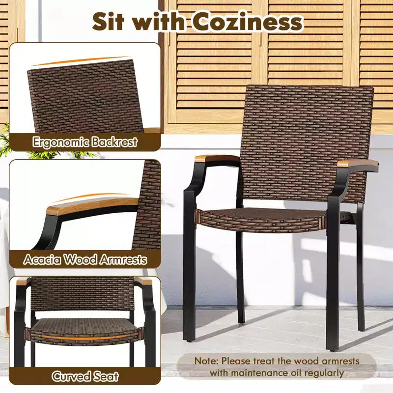 Costway Lot de 2 chaises empilables en osier avec accoudoirs en bois d'acacia et cadre en métal, extérieur