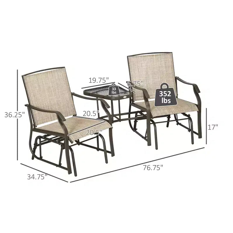 Fauteuils planeurs d'extérieur avec table basse, causeuse balancelle 2 places avec textilène respirant pour jardin, cour et véranda