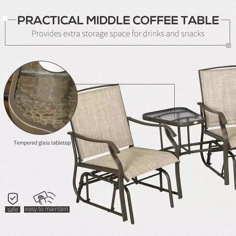 Fauteuils planeurs d'extérieur avec table basse, causeuse balancelle 2 places avec textilène respirant pour jardin, cour et véranda