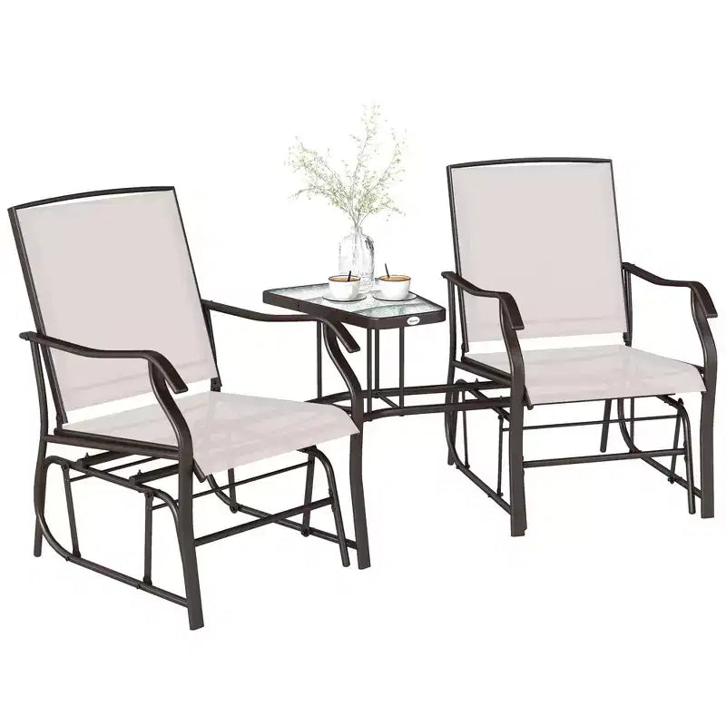 Outdoor Glider Chairs with Coffee Table, Patio 2-Seat Rocking Chair Swing Loveseat with Breathable Sling for Backyard, Garden, and Porch