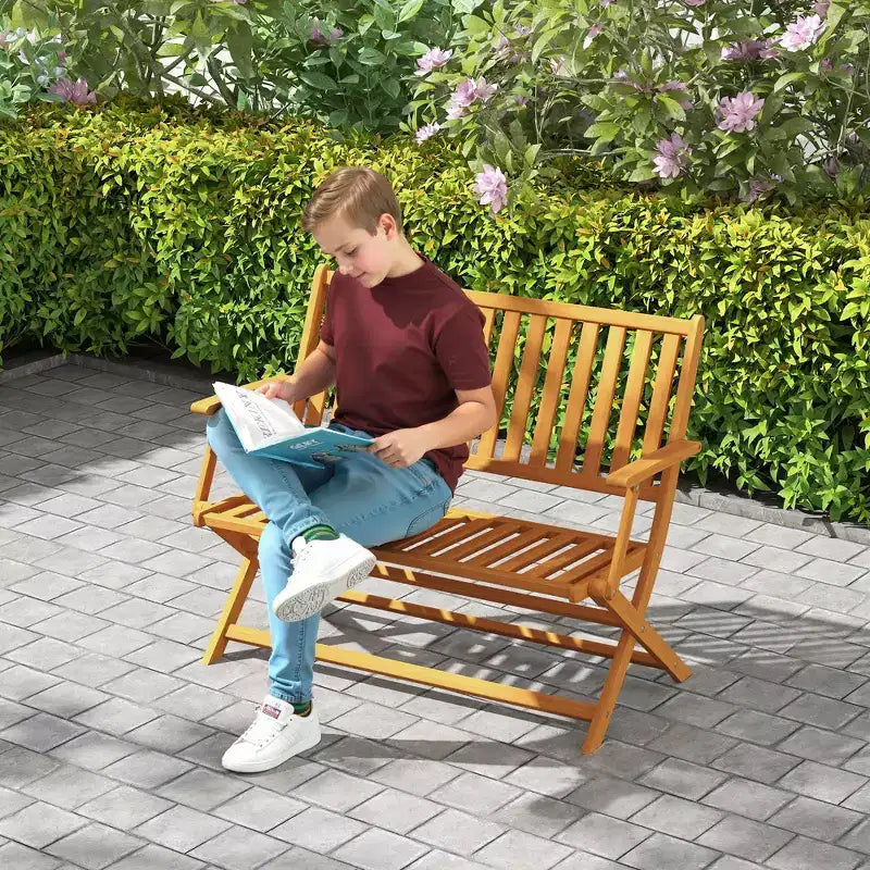 Banc d'extérieur pliant en bois pour 2 personnes avec dossier et accoudoirs pour jardin, porche, parc, balcon