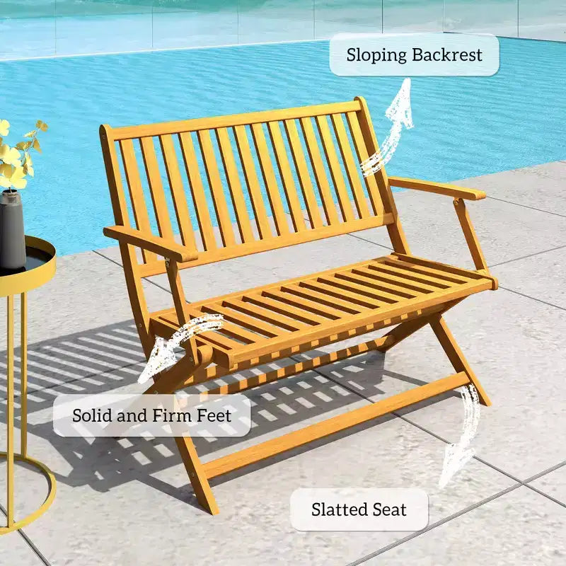 Banc d'extérieur pliant en bois pour 2 personnes avec dossier et accoudoirs pour jardin, porche, parc, balcon