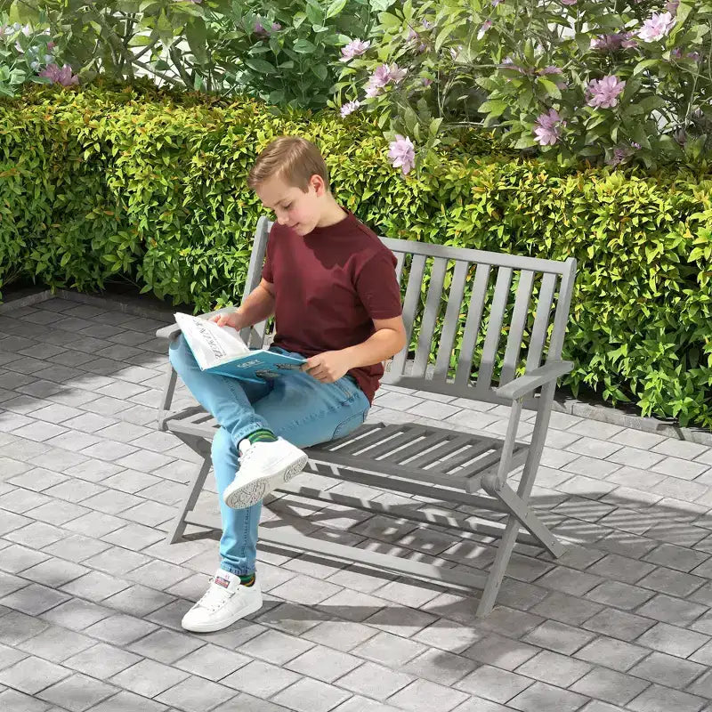 Banc d'extérieur pliant en bois pour 2 personnes avec dossier et accoudoirs pour jardin, porche, parc, balcon