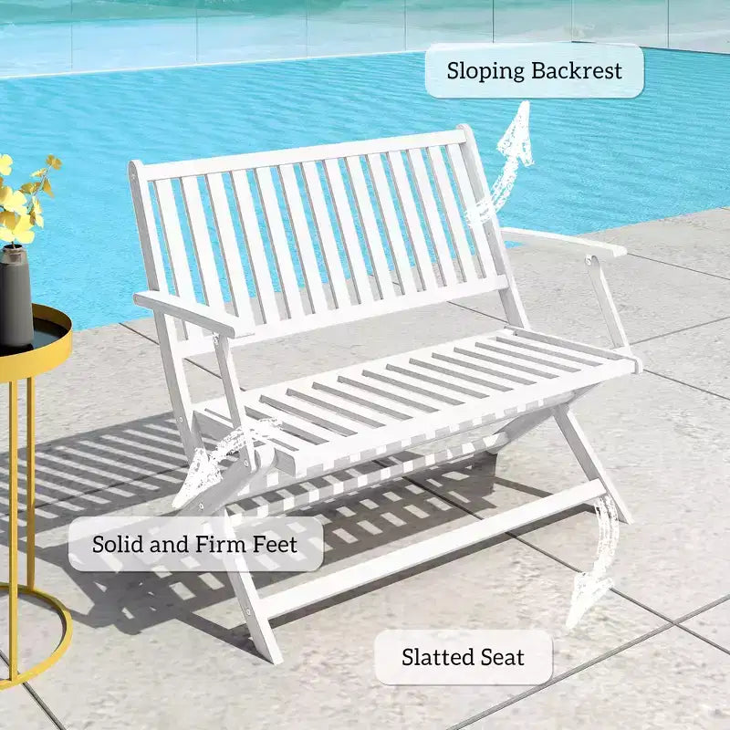 Banc d'extérieur pliant en bois pour 2 personnes avec dossier et accoudoirs pour jardin, porche, parc, balcon