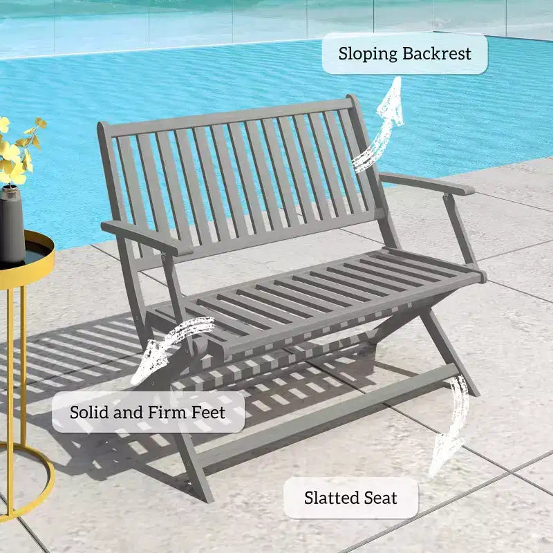 Banc d'extérieur pliant en bois pour 2 personnes avec dossier et accoudoirs pour jardin, porche, parc, balcon