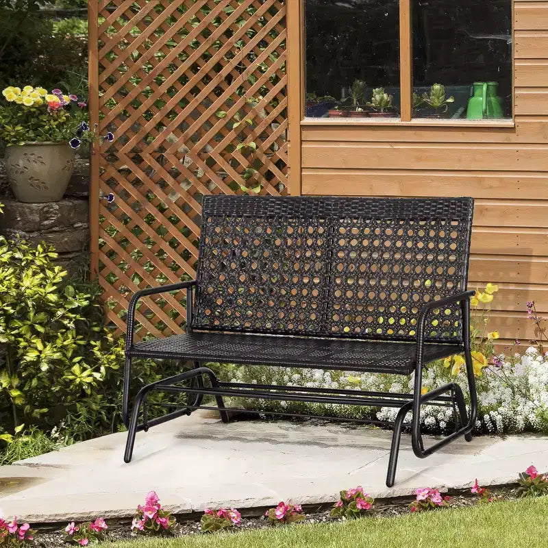 Banc à bascule planeur 2 places en osier pour patio, causeuse d'extérieur en rotin PE tressé à la main avec système à bascule ergonomique pour patio