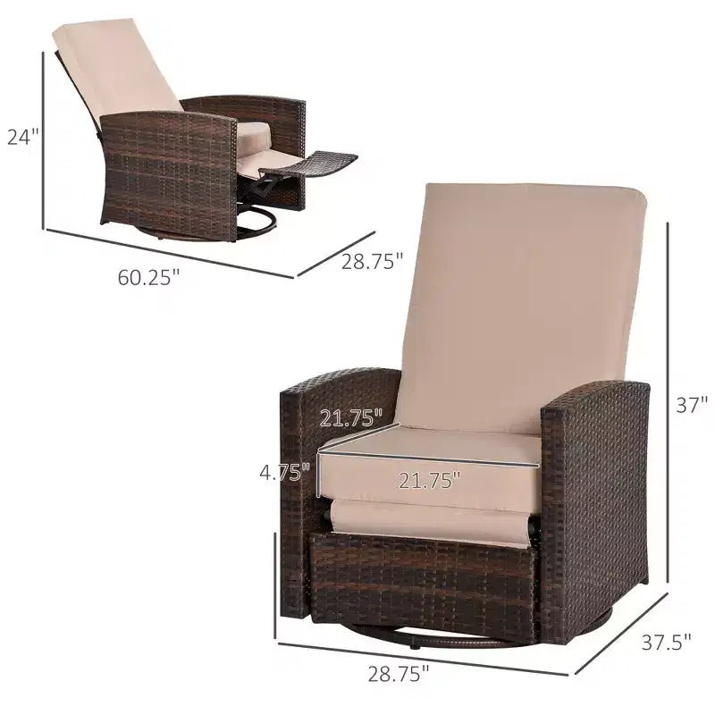 Fauteuil inclinable pivotant en osier pour l'extérieur, dossier inclinable, repose-pieds relevable, base rotative à 360 degrés, coussins résistants à l'eau pour patio