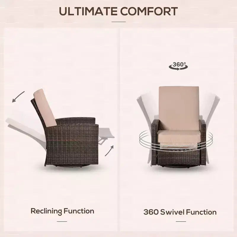 Fauteuil inclinable pivotant en osier pour l'extérieur, dossier inclinable, repose-pieds relevable, base rotative à 360 degrés, coussins résistants à l'eau pour patio