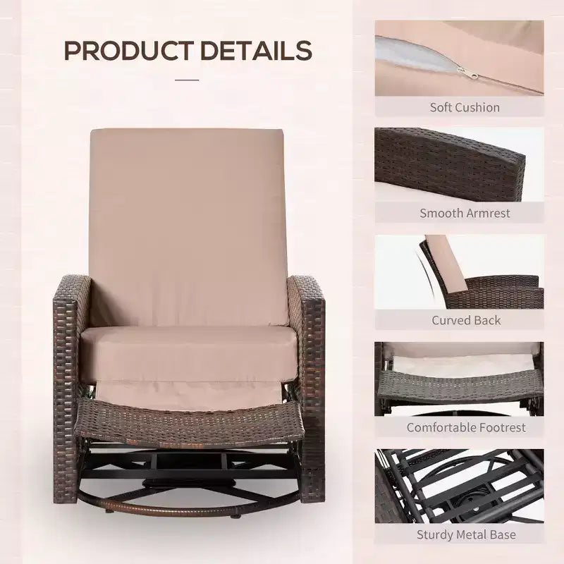 Fauteuil inclinable pivotant en osier pour l'extérieur, dossier inclinable, repose-pieds relevable, base rotative à 360 degrés, coussins résistants à l'eau pour patio