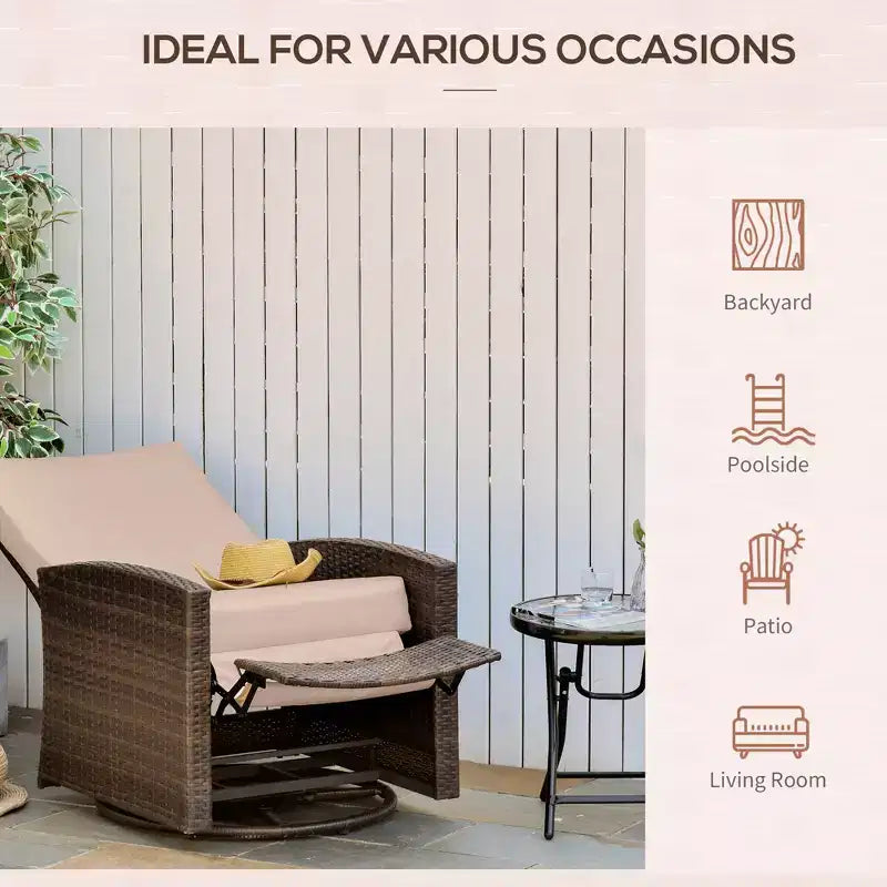 Fauteuil inclinable pivotant en osier pour l'extérieur, dossier inclinable, repose-pieds relevable, base rotative à 360 degrés, coussins résistants à l'eau pour patio