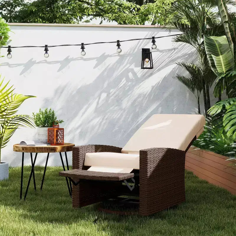 Fauteuil inclinable pivotant en osier pour l'extérieur, repose-pieds relevable, rotation à 360 degrés, coussins résistants à l'eau