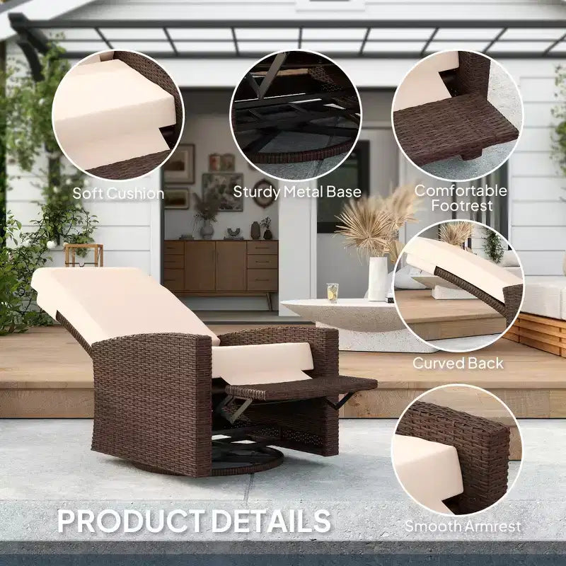 Fauteuil inclinable pivotant en osier pour l'extérieur, repose-pieds relevable, rotation à 360 degrés, coussins résistants à l'eau