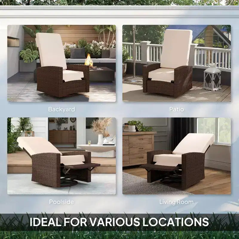 Fauteuil inclinable pivotant en osier pour l'extérieur, repose-pieds relevable, rotation à 360 degrés, coussins résistants à l'eau