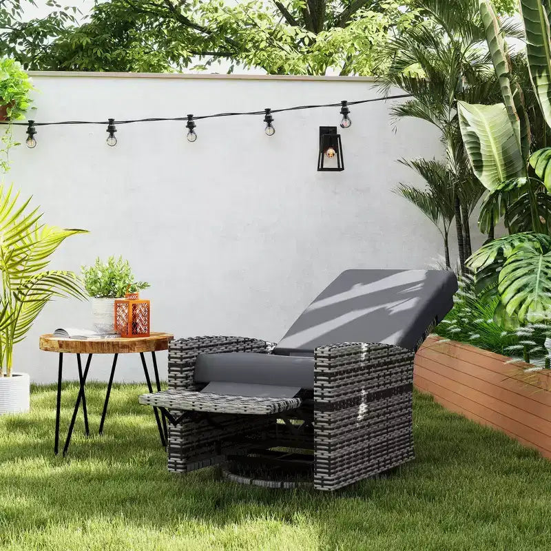 Fauteuil inclinable pivotant en osier pour l'extérieur, repose-pieds relevable, rotation à 360 degrés, coussins résistants à l'eau