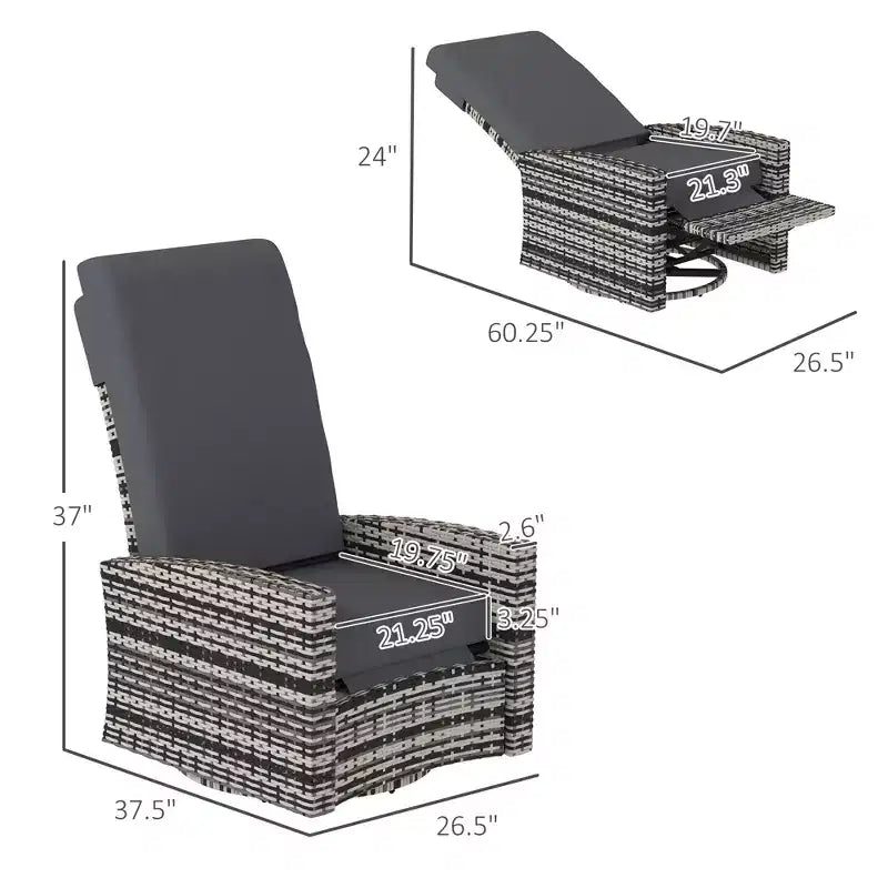 Fauteuil inclinable pivotant en osier pour l'extérieur, repose-pieds relevable, rotation à 360 degrés, coussins résistants à l'eau