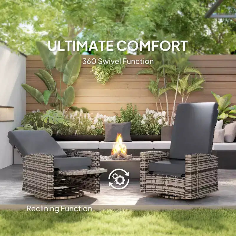 Fauteuil inclinable pivotant en osier pour l'extérieur, repose-pieds relevable, rotation à 360 degrés, coussins résistants à l'eau