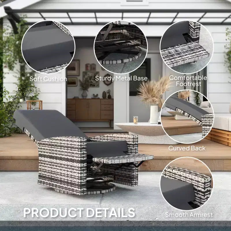 Fauteuil inclinable pivotant en osier pour l'extérieur, repose-pieds relevable, rotation à 360 degrés, coussins résistants à l'eau