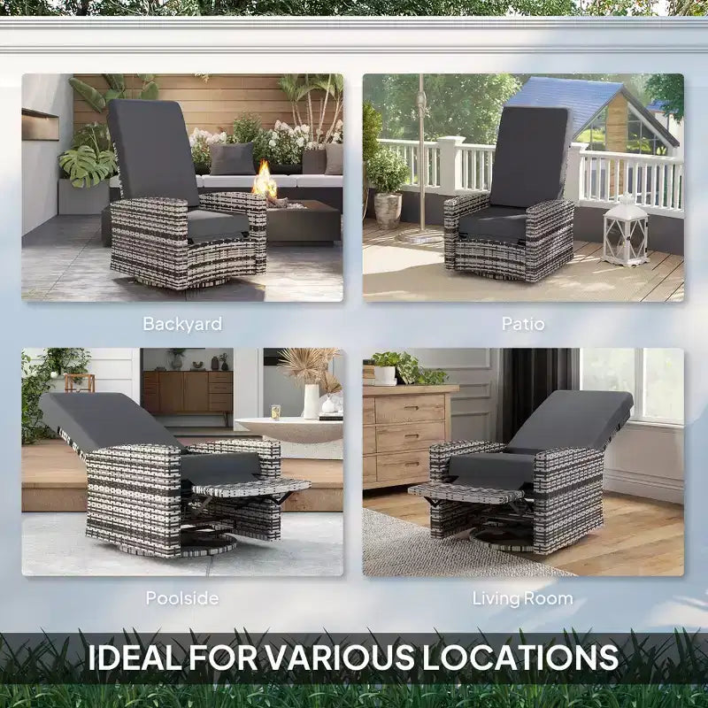 Fauteuil inclinable pivotant en osier pour l'extérieur, repose-pieds relevable, rotation à 360 degrés, coussins résistants à l'eau