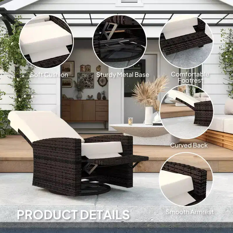 Fauteuil inclinable pivotant en osier pour l'extérieur, repose-pieds relevable, rotation à 360 degrés, coussins résistants à l'eau
