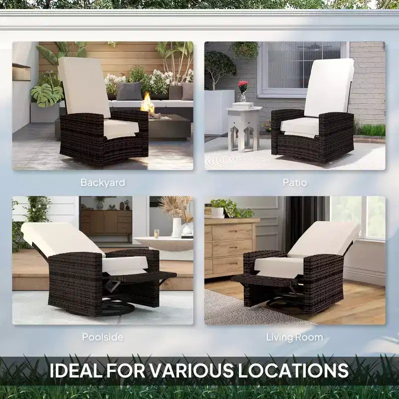 Fauteuil inclinable pivotant en osier pour l'extérieur, repose-pieds relevable, rotation à 360 degrés, coussins résistants à l'eau