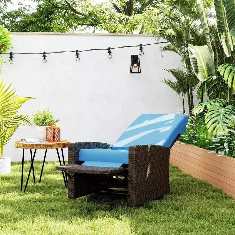 Fauteuil inclinable pivotant en osier pour l'extérieur, repose-pieds relevable, rotation à 360 degrés, coussins résistants à l'eau